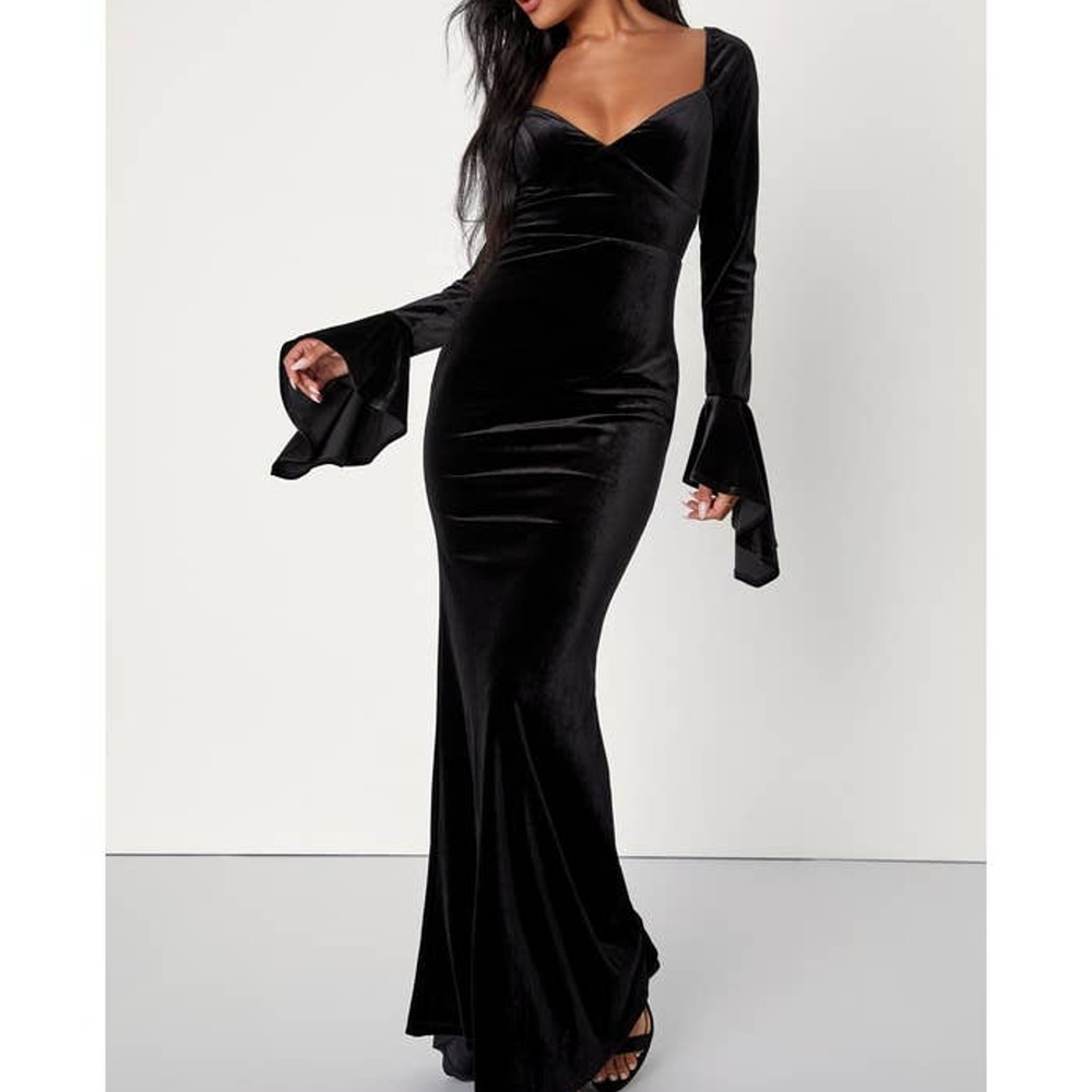 LULU'S SZ S Black Dramatic Instincts Bell Sleeve Mermaid Maxi Dress NEW 0b10